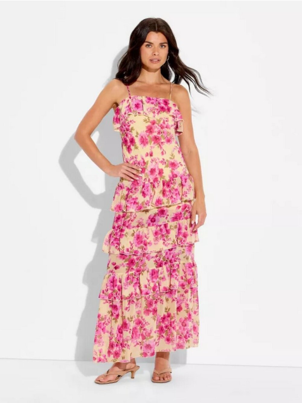 Women's Flounce Tiered Maxi A-Line Dress - Wild Fable Yellow Floral‎ XS